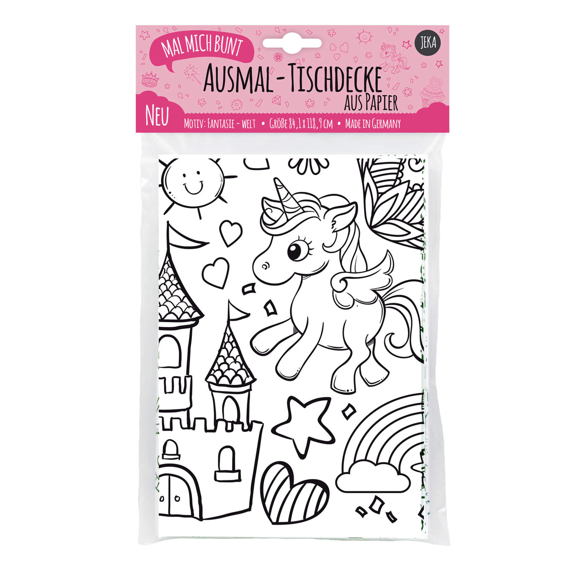 Eine verpackte Papiertischdecke zum Ausmalen. Die rosa Verpackung mit der Aufschrift „Ausmaltischdecke“ offenbart eine schwarz-weiße Tischdecke, die mit Zeichnungen eines fliegenden Einhorns, eines Schlosses, eines Regenbogens, der Sonne, Wolken, Sternen und Herzen verziert ist. Genießen Sie dieses lustige und kreative Produkt aus nachhaltiger Forstwirtschaft: malmichbunt – Ausmal-Tischdecke aus Papier Motiv Fantasie von malmichbunt.