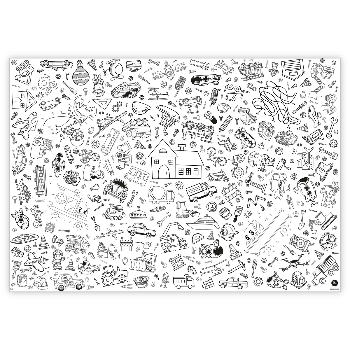 Eine Schwarzweiß-Illustration mit einer Vielzahl kleiner Objekte wie Autos, Raketen, Bauklötzen, Werkzeugen und einem zentralen Haus. Das komplizierte Design füllt den Raum mit verschiedenen detaillierten Spielzeugen und Gegenständen, die überall verstreut sind, und schafft so eine verspielte, geschäftige Szene, die die Kreativität fördert. Dieses lebendige Kunstwerk kann auf der Ausmal-Tischdecke aus Papier Motiv Fahrzeuge & Baustelle von malmichbunt genossen werden.