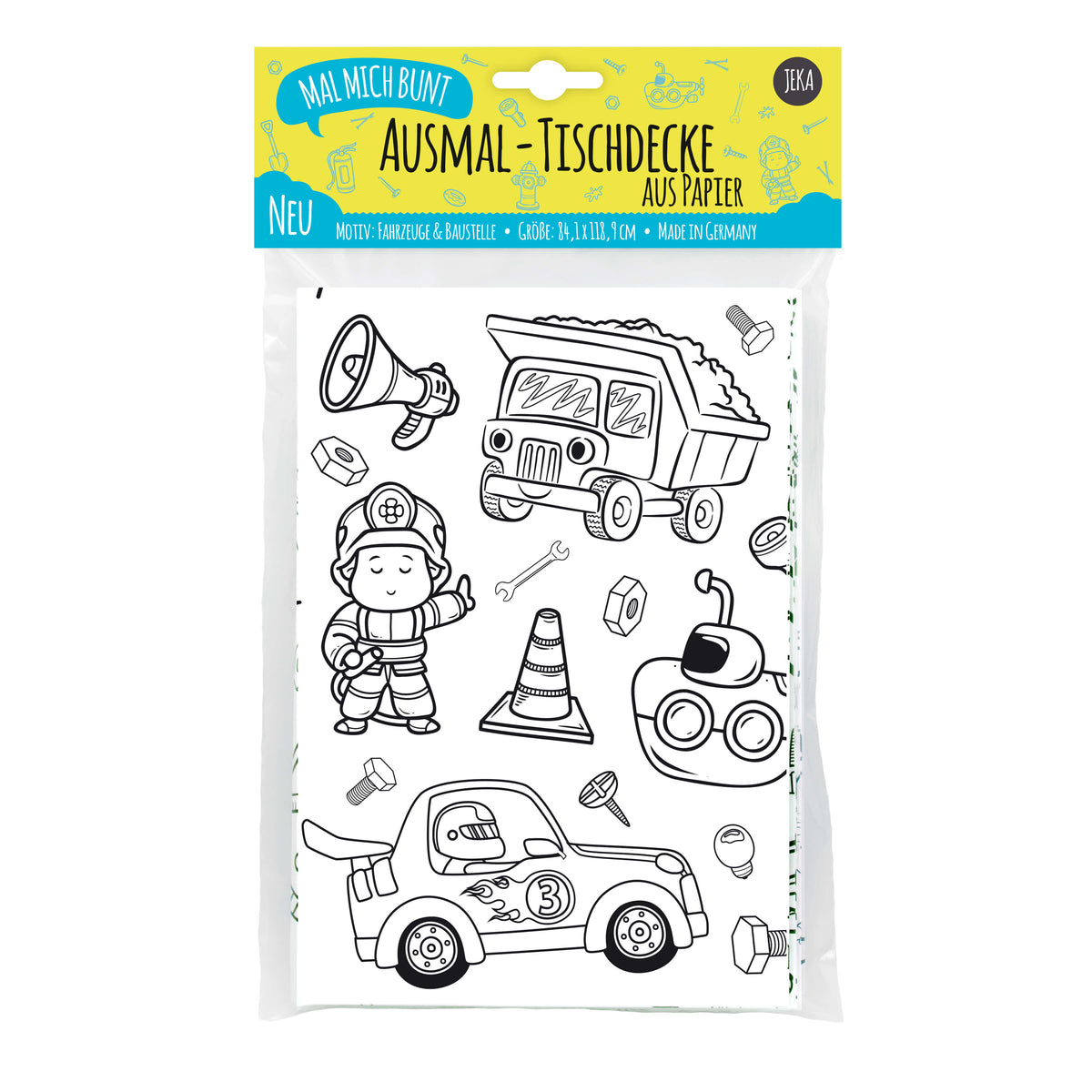 Eine verpackte malmichbunt - Ausmal-Tischdecke aus Papier Motiv Fahrzeuge & Baustelle zeigt verspielte Illustrationen eines Feuerwehrmanns, eines Muldenkippers, eines Rennautos mit der Nummer 3, eines Baustellenkegels und eines Autoscooters. Das obere Etikett hat farbenfrohe Texte und Grafiken, die die Kreativität junger Künstler fördern. Der Artikel trägt die Bezeichnung „Ausmal-Tischdecke“.