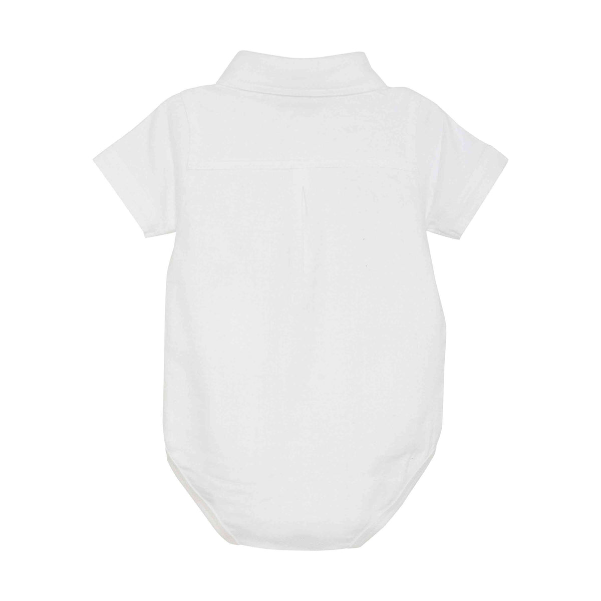 Ein weißer kurzärmliger Minymo - Hemdbody kurzarm für Kleinkinder mit Kragen, von hinten betrachtet. Der Strampler hat ein schlichtes Design ohne sichtbare Knöpfe oder Muster. Von Minymo nach GOTS-Standards für den Komfort und die Sicherheit Ihres Babys gefertigt.