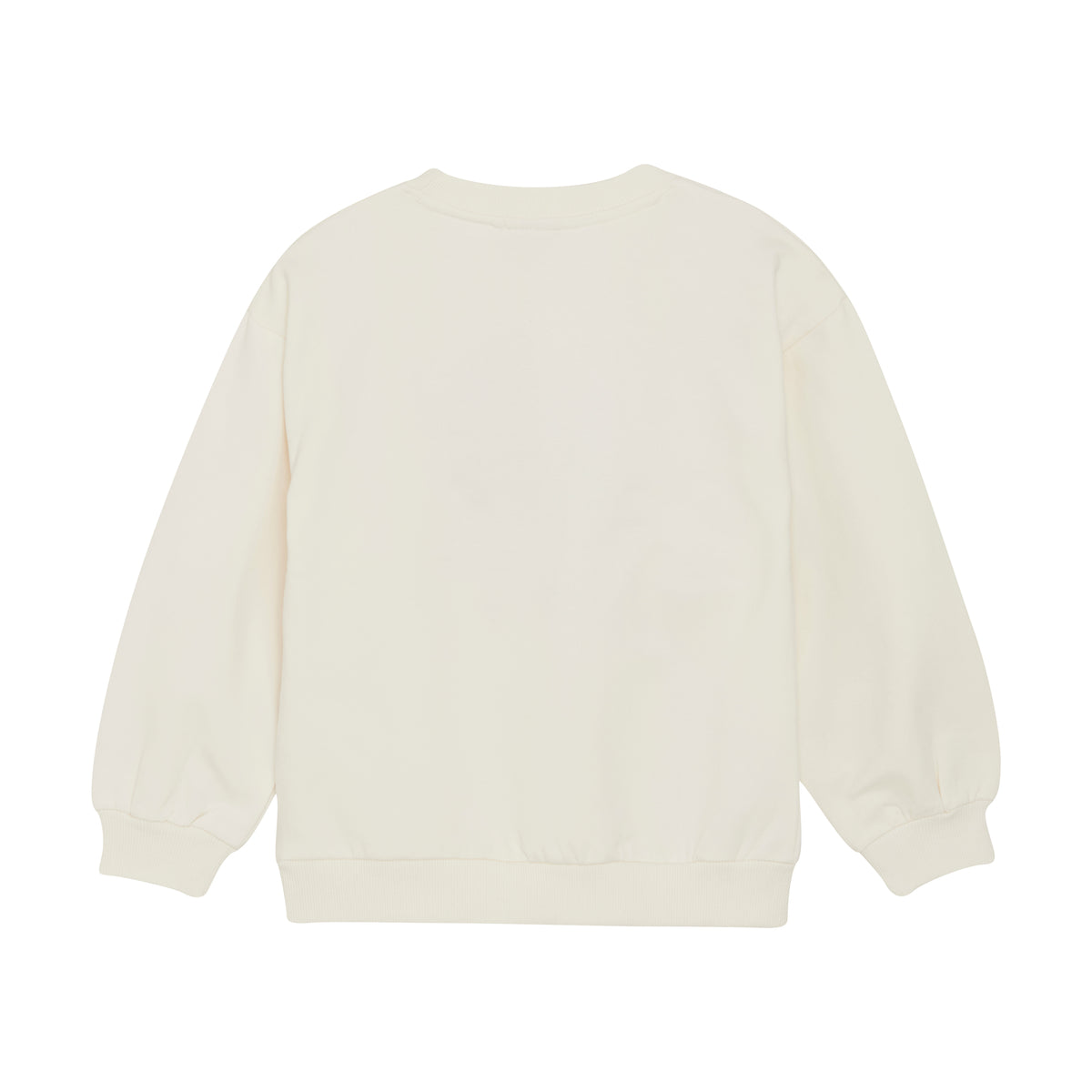 Die Rückansicht des Minymo-Pullovers von Minymo mit schlichtem, cremefarbenem Design, langen Ärmeln, Rundhalsausschnitt und gerippten Bündchen und Saum.