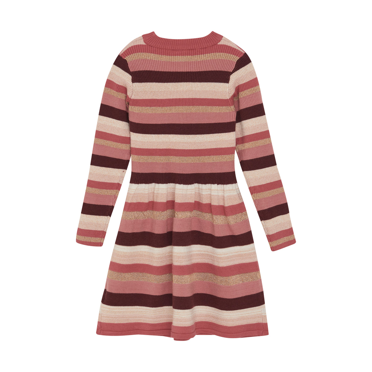 Das Minymo - Kleid von Minymo ist ein langärmliges A-Linien-Kleid mit horizontalen Streifen in verschiedenen Braun-, Rosa- und Beigetönen. Es hat eine gerippte Textur auf der Oberseite und einen leicht gerafften Rock. Die Rückansicht hat einfache, klare Linien ohne zusätzliche Verzierungen.