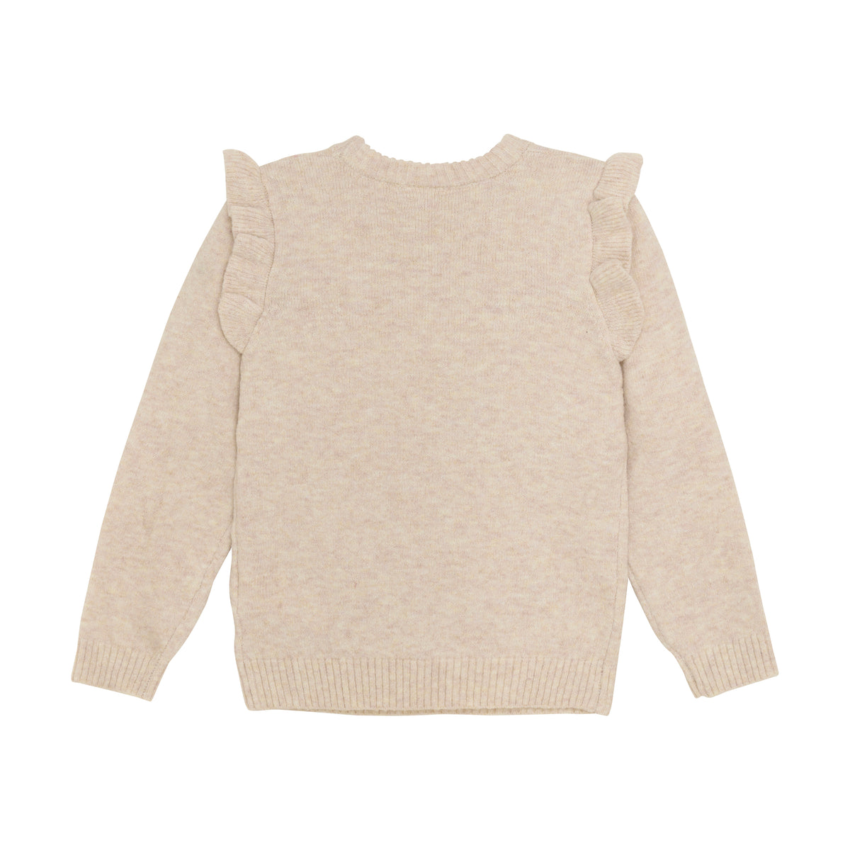 Der Minymo Pullover (Kopie) der Marke Minymo wird flach liegend präsentiert, sodass seine Rückseite zu sehen ist. Dieser cremefarbene, langärmelige Pullover weist Rüschendetails an den Schultern auf. Der GOTS-zertifizierte Pullover hat einen gerippten Halsausschnitt, Bündchen und Saum mit einer Textur, die weich und gemütlich wirkt.