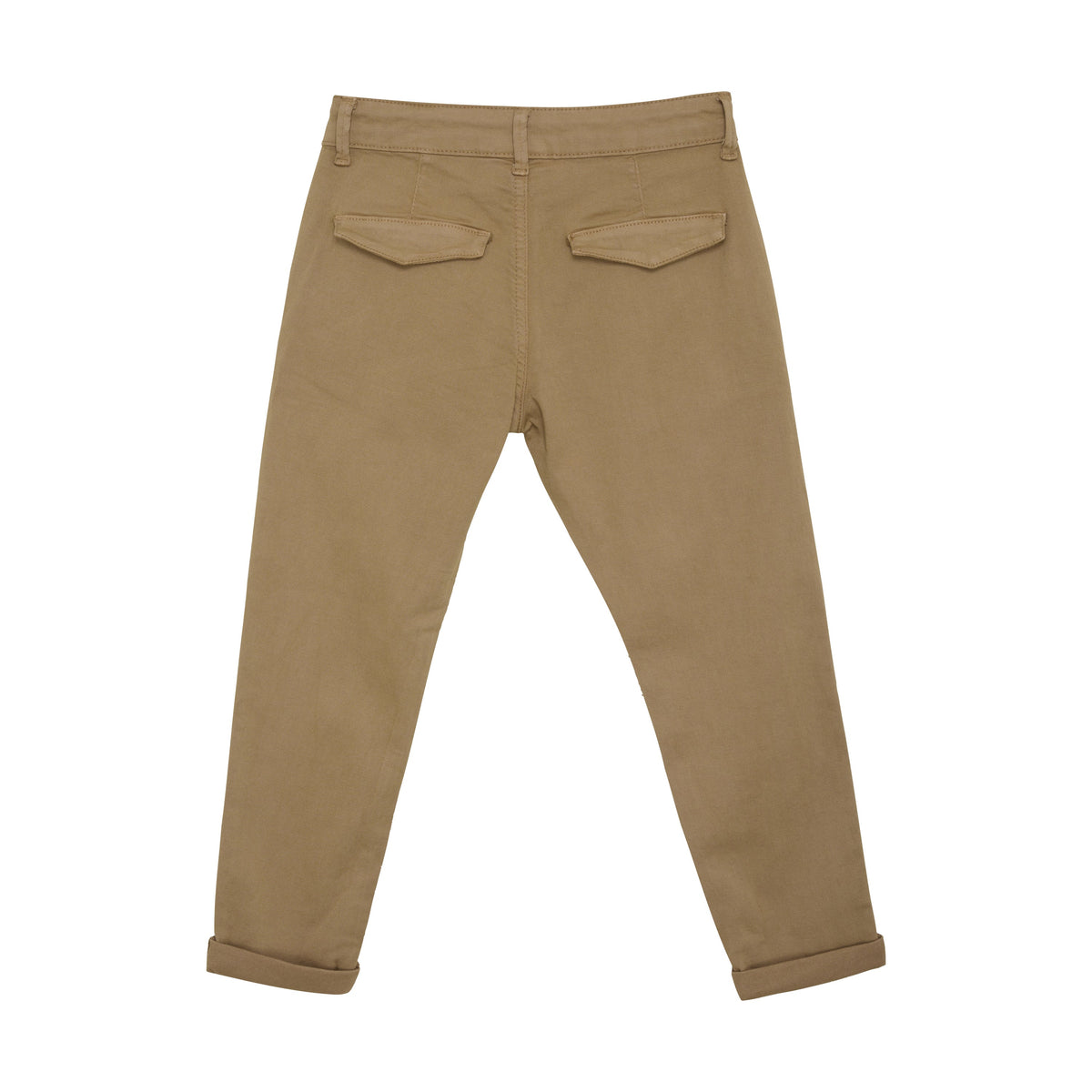 Hier ist eine Minymo Twillhose in Hellbraun von hinten abgebildet. Sie hat zwei Pattentaschen. Die Hose ist flach anliegend, hat leicht zulaufende Beine und hochgerollte Hosenbeine. Der leichte Baumwollmischungsstoff eignet sich perfekt für Freizeitkleidung und ist somit eine ideale Ergänzung für jede Garderobe.