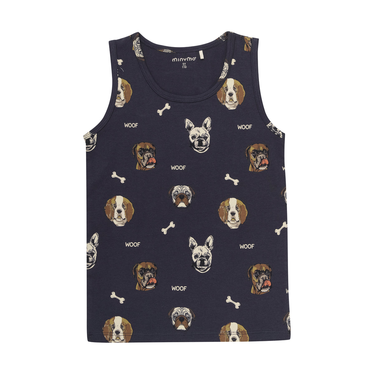 Ein dunkelblaues Minymo-Unterwäsche-Tanktop aus weicher Baumwollmischung mit einem Muster aus verschiedenen Hundegesichtern und kleinen Knochen. Das Wort „WOOF“ ist überall im Design verstreut. Die abgebildeten Hunde umfassen mehrere Rassen, alle im Cartoon-Stil illustriert, perfekt für jeden Fan verspielter Unterhemden.
