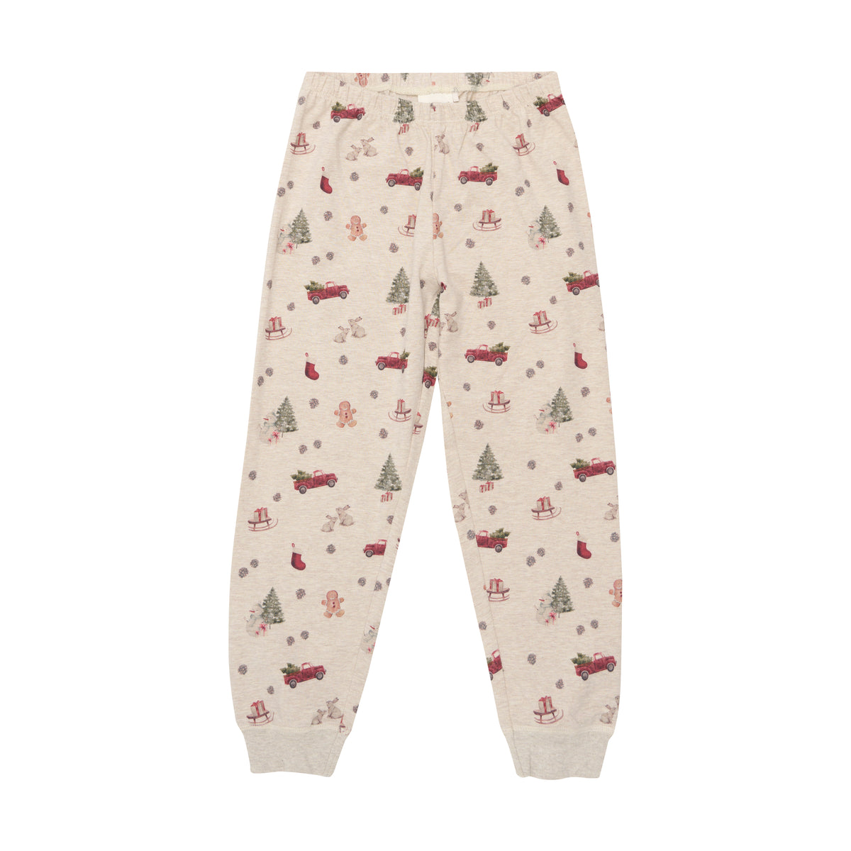 Minymo – Pyjamas von Minymo bestehen aus hellen Pyjamahosen, die mit festlichem Weihnachtsdruck verziert sind, darunter Weihnachtsbäume, rote Autos mit immergrünen Bäumen, Lebkuchenmänner, Strümpfe und Schneeflocken. Die Hosen sind mit einem elastischen Bund und Bündchen an den Knöcheln versehen.