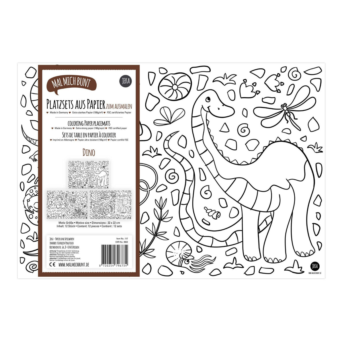 12 Platzsets zum Ausmalen Motiv Dino