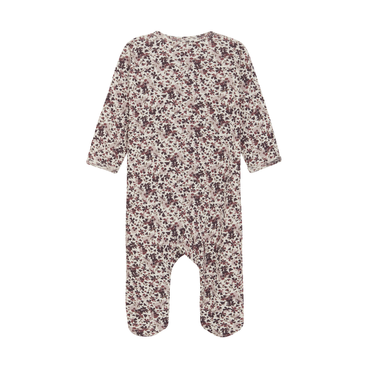 Dieser gemütliche Fixoni-Pyjama ist ein Baby-Strampler mit langen Ärmeln und bedeckten Füßen. Der Allover-Druck zeigt kleine rosa, kastanienbraune und grüne Blumen auf einem cremefarbenen Hintergrund. Der Strampler wird flach hingelegt und von hinten fotografiert.