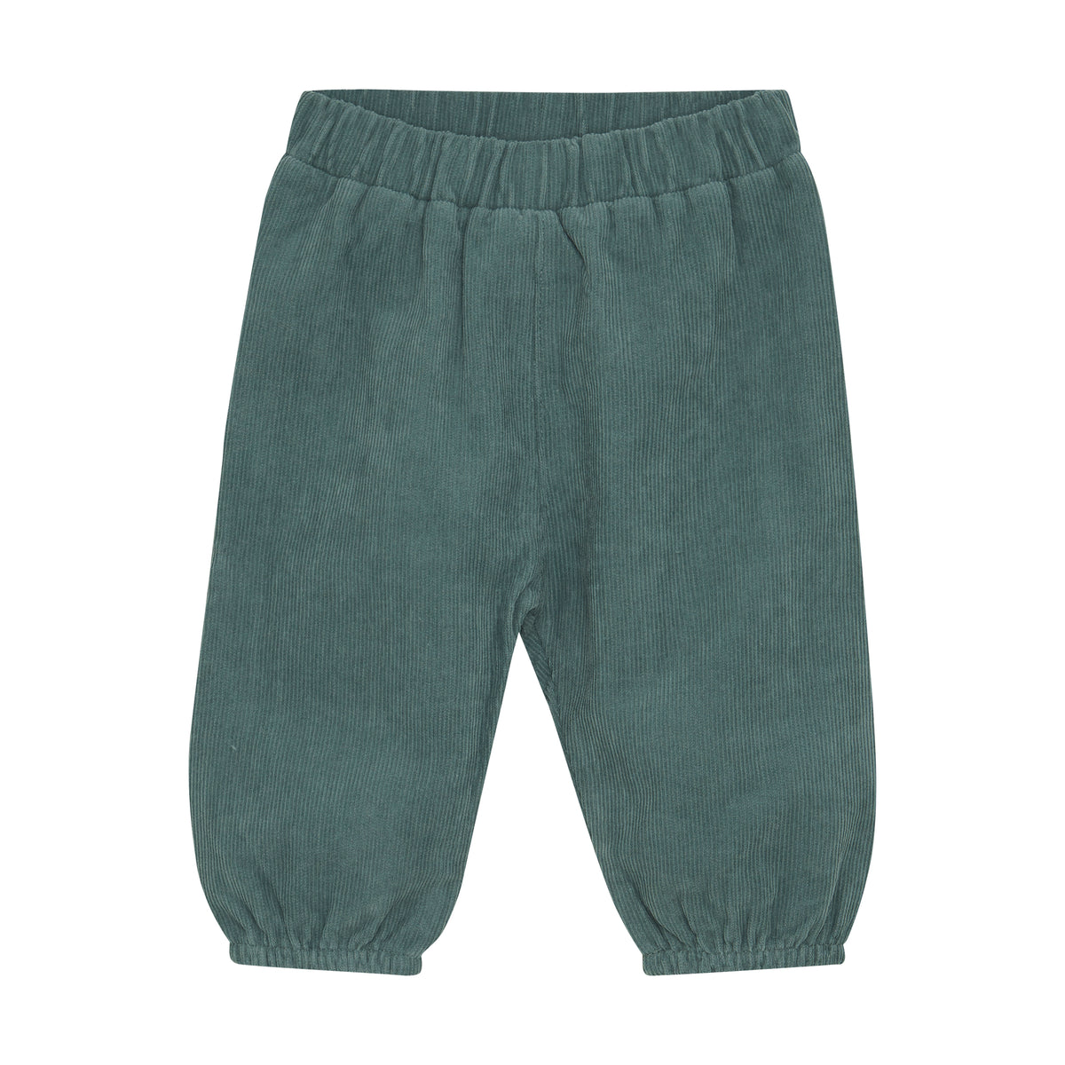 Das Bild zeigt ein Paar dunkelgrüne Fixoni-Hosen von Fixoni. Diese Babyhose ist mit einem Gummizug in der Taille und elastischen Beinabschlüssen versehen, die für eine bequeme Passform sorgen. Das strukturierte Material unterstreicht den Schlichte-Samthose-Stil vor einem schlichten weißen Hintergrund.