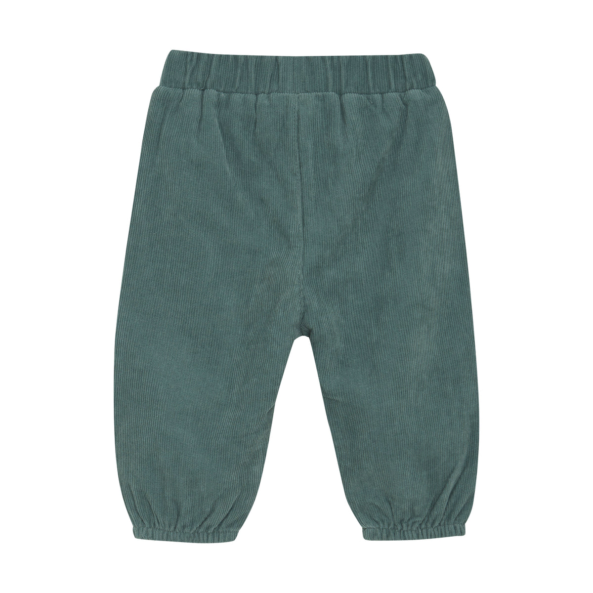 Eine grüne Cordhose für Kinder von Fixoni - Hosen mit elastischem Bund und Bündchen an den Knöcheln, abgebildet vor einem schlichten weißen Hintergrund.