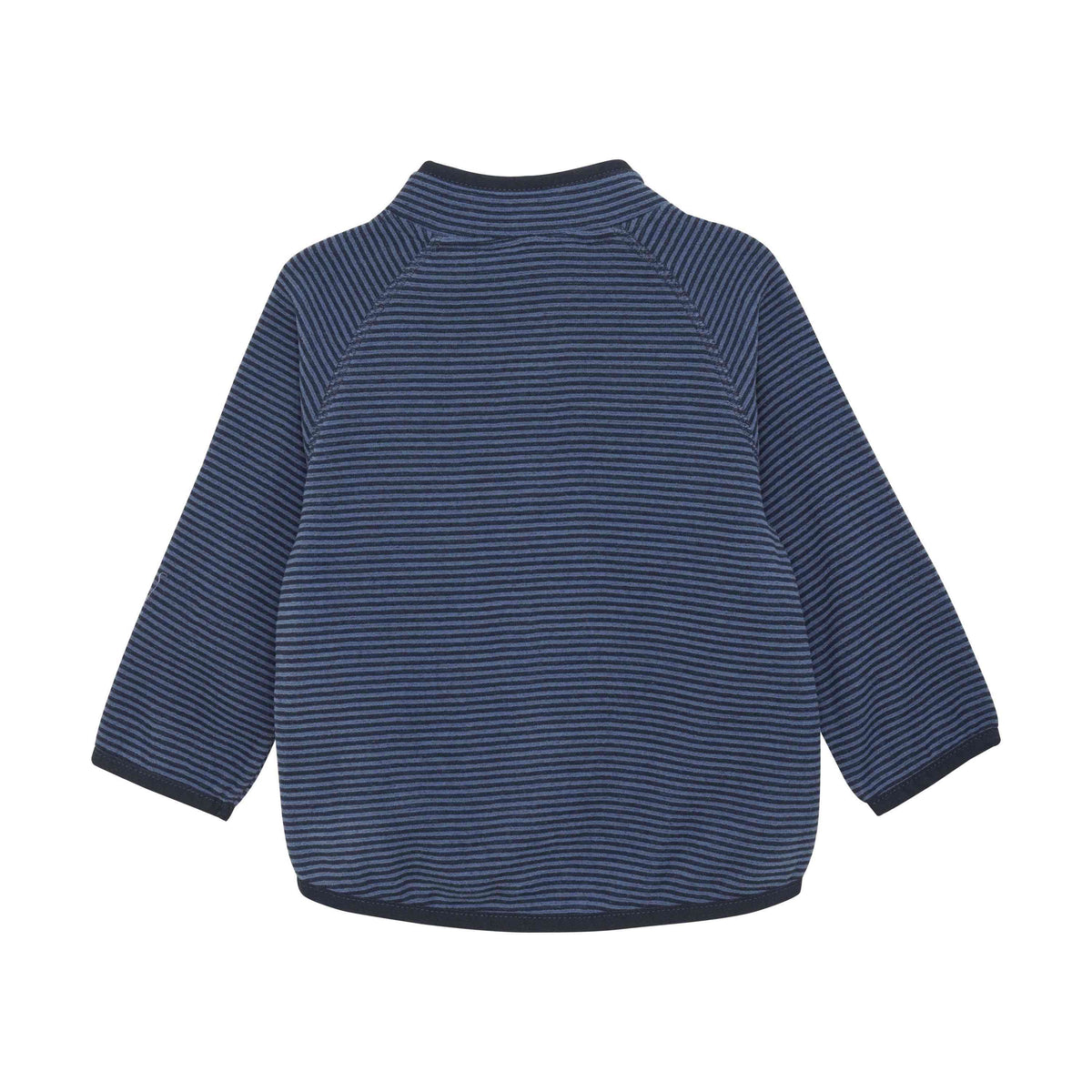 Ein blau-schwarz gestreiftes Langarmshirt von hinten betrachtet, mit Rundhalsausschnitt und leicht lockerer Passform. Die Color Kids - Baby Fleecejacke von Color Kids aus GOTS-zertifiziertem Stoff hat horizontale Streifen und ein schlichtes, lässiges Design, das sich für den Alltag eignet.