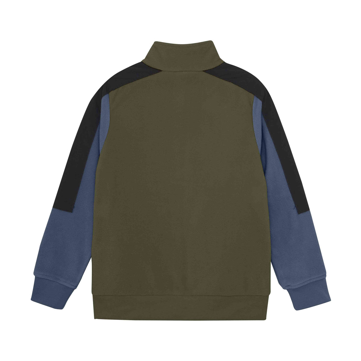 Wir präsentieren die Color Kids - Fleecejacke - Colorblock von Color Kids. Diese hochgeschlossene, langärmelige Jacke hat ein trendiges Farbblockdesign mit olivgrünem Körper, blauen Ärmeln, die durch schwarze Schultern betont werden, und gerippten Bündchen und Saum für einen stilvollen und dennoch lässigen Look. Das Bild zeigt die Rückansicht.