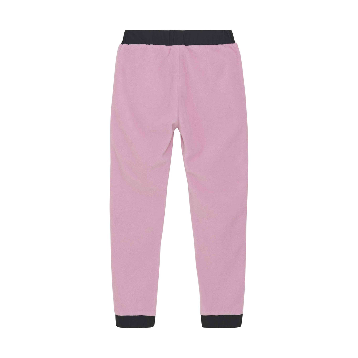 Das Bild zeigt die Color Kids - Fleecehose in Hellrosa von hinten. Der Hosenbund und die Beinabschlüsse sind schwarz und bilden einen auffälligen Kontrast zum rosa Stoff. Diese Fleecehose von Color Kids mit entspannter Passform ist aus dehnbarem Material gefertigt, eignet sich perfekt für die Freizeit und ist schnelltrocknend für zusätzlichen Komfort.
