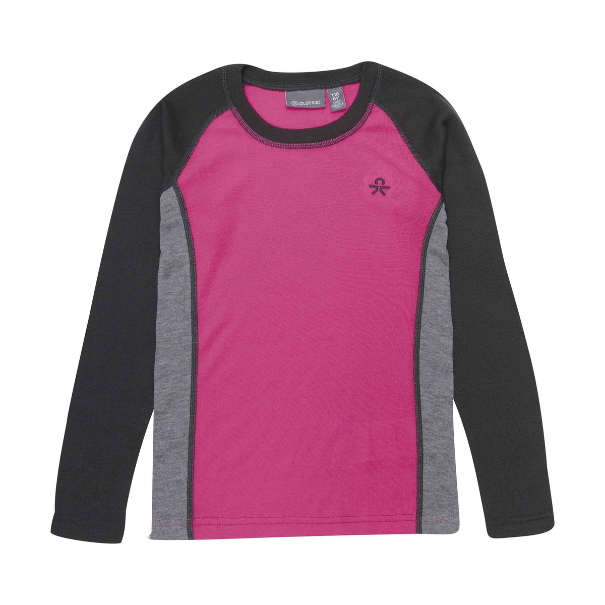Wir präsentieren Color Kids – Skiunterwäsche – Colorblock von Color Kids: Dieses Langarmshirt hat eine leuchtend rosa Vorder- und Rückseite, schwarze Ärmel und Schultern sowie graue Seitenteile. Es hat ein kleines, dezentes Logo auf der oberen linken Brustpartie und einen runden Halsausschnitt.