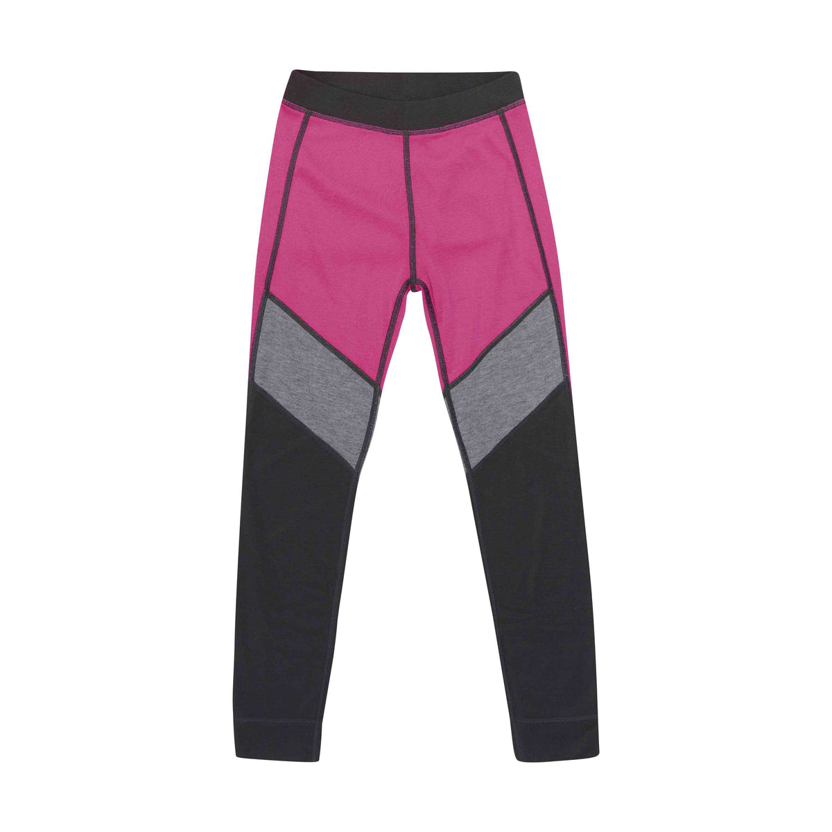 Ein Paar Color Kids-Leggings für Kinder im Farbblockdesign. Die Leggings sind überwiegend schwarz mit magentafarbenen Einsätzen an den Oberschenkeln und einem grauen Winkelabschnitt zwischen den schwarzen und magentafarbenen Bereichen an den Seiten der Beine, was einen stilvollen und dennoch funktionalen Look ergibt.