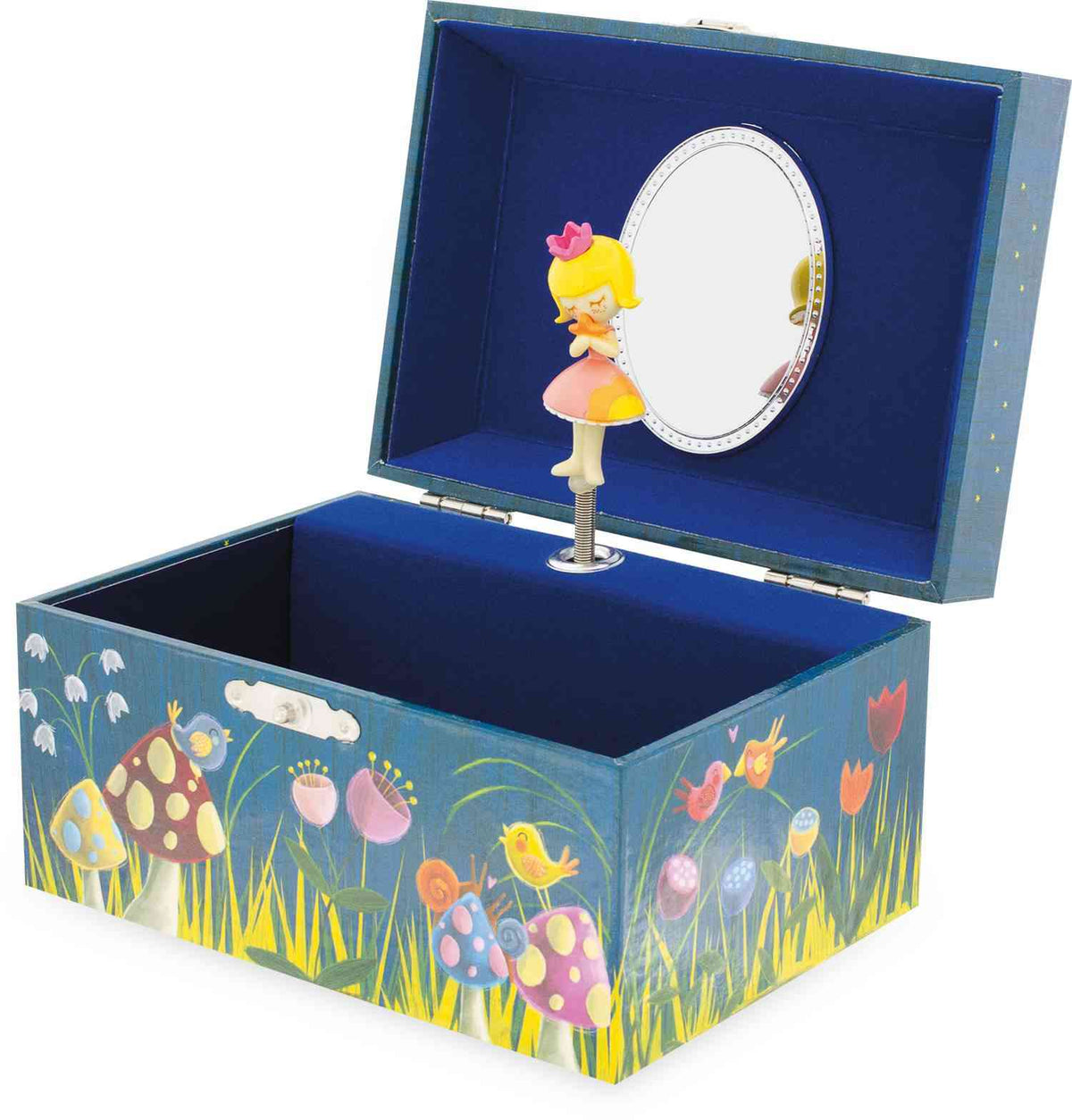Ein blauer, rechteckiger Ulysse Couleurs d'Enfance - Musiktruhe Frosch, außen mit bunten, bemalten Blumen und Pilzen geschmückt. Der Deckel ist offen und gibt den Blick frei auf einen Spiegel und eine sich drehende Ballerinafigur im Inneren. Das Innere ist mit dunkelblauem Stoff ausgekleidet. Dieses entzückende Stück ist ein ausgezeichnetes pädagogisches Spielzeug ab 2 von Ulysse Couleurs d'Enfance.