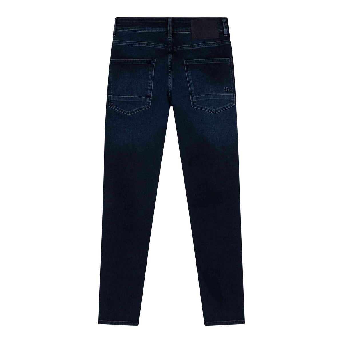 Hier ist die Beschreibung für die Rückansicht der Indian Blue Jeans - 2688 Straight Fit der Marke Indian Blue Jeans: Eine dunkle blaue Jeans mit zwei Gesäßtaschen, Gürtelschlaufen und dezentem Ausbleichen an den Beinen. Die Jeans hat einen klassischen geraden Schnitt und einen Lederaufnäher am Bund.