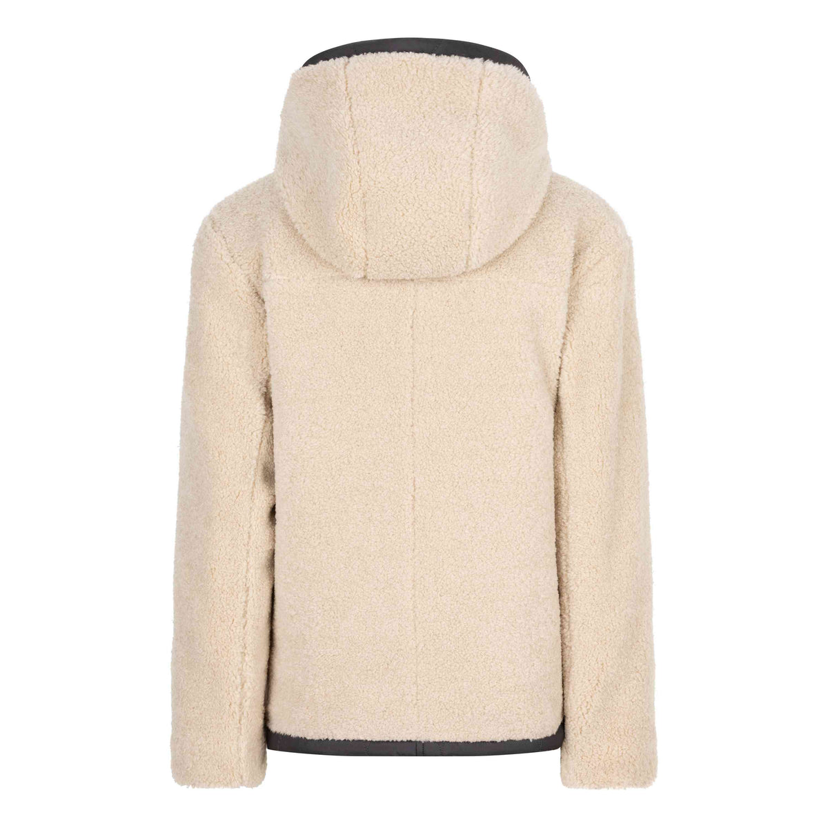 Die folgende Beschreibung bietet Einblicke in eine reversible Fleecejacke von Indian Blue Jeans, die von hinten gezeigt wird. Die beige Jacke hat lange Ärmel und schwarze Akzente an Kapuze und Ärmelbündchen. Der weiche, flauschige Stoff macht sie ideal für kaltes Wetter.