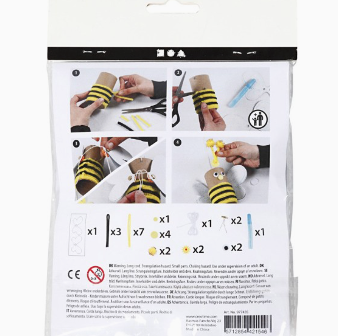 Rückseite einer Bastelpackung mit Schritt-für-Schritt-Anleitung zum Basteln einer Bienenpuppe. Die Schritte umfassen das Umwickeln einer Pappröhre mit gelbem und schwarzem Garn, das Anbringen von Wackelaugen, das Anbringen von Pfeifenreiniger-Fühlern, Flügeln und Pompon-Dekorationen. Dieses Creative Company - Spezielles Recycling-Set für Kinder - Bee listet alle benötigten Materialien und eine Warnung am Ende auf.
