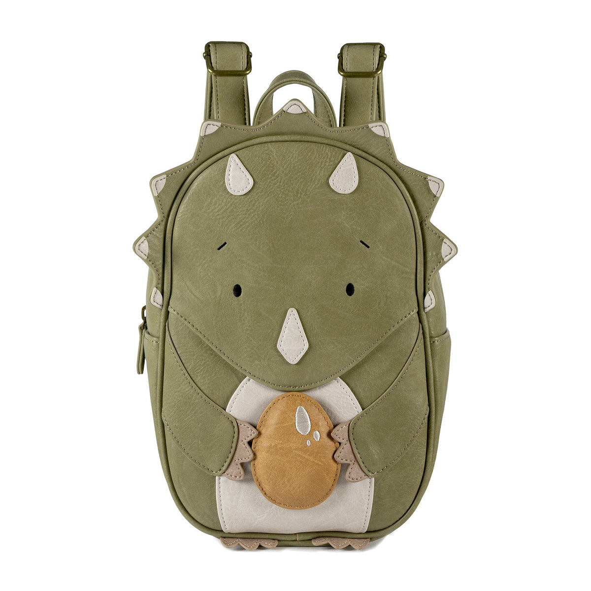 Ein Little Who-Kinderrucksack namens „Rucksack Dinosaurier Oskar“ ist olivgrün und hat die Form eines niedlichen Dinosauriers, der ein braunes Ei hält. Der Rucksack hat ein Comic-Gesicht, kleine Stacheln an der Oberseite und verstellbare braune Riemen. Er hat eine Reißverschlusstasche vorne, Seitenfächer und enthält spülmaschinenfeste Aufkleber für zusätzliche Individualisierung.