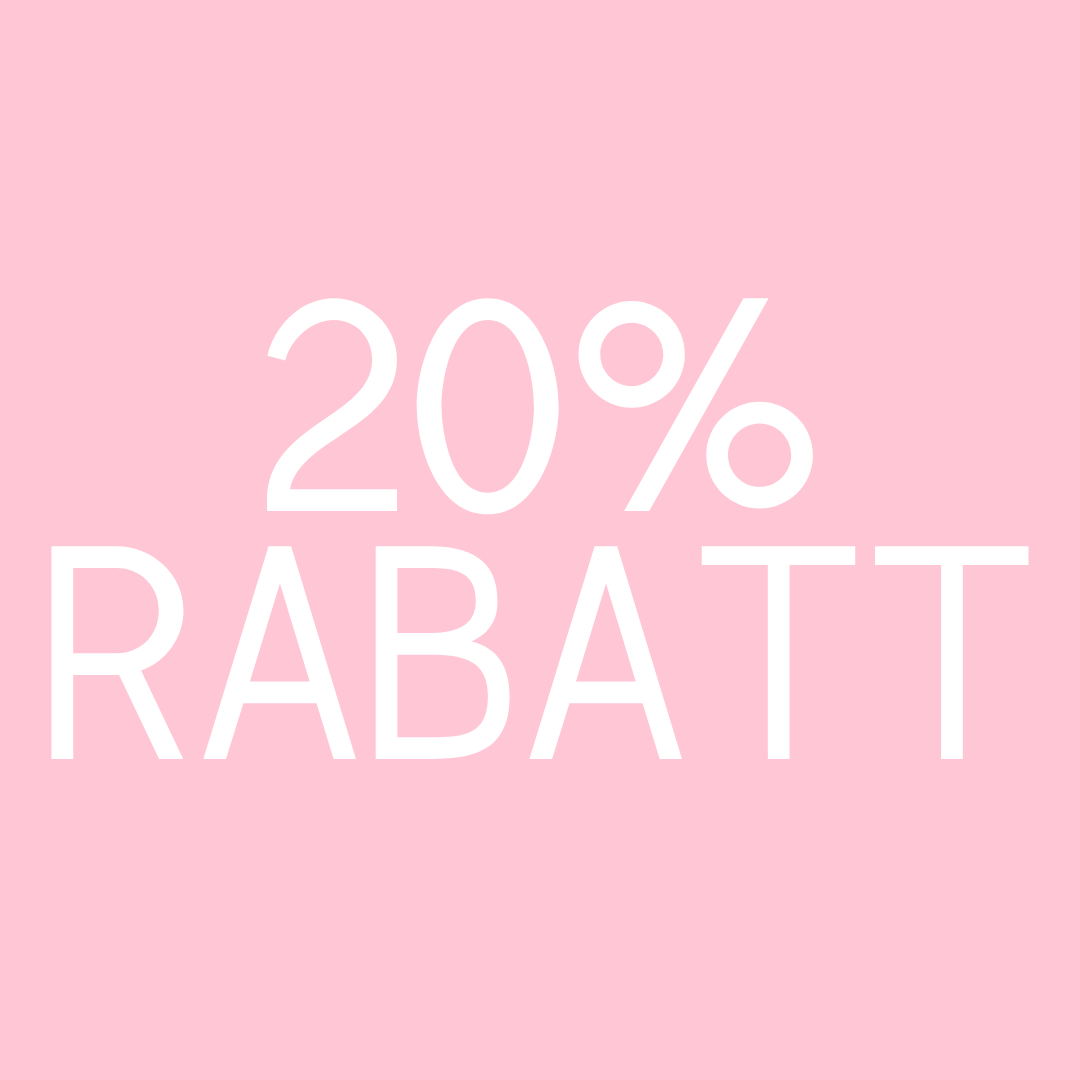 Rosa Hintergrund mit weißem Text mit der Aufschrift „20 % RABATT“, was auf Deutsch einen Rabatt von 20 % anzeigt.