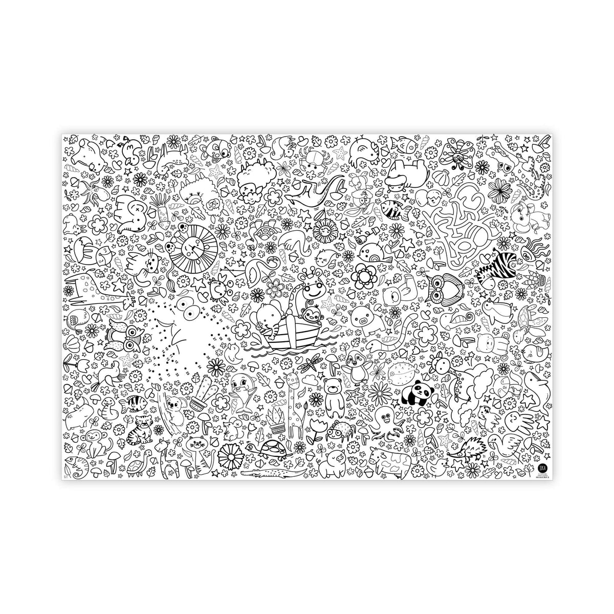 Eine detaillierte schwarzweiße Doodle-Illustration voller verschiedener süßer Figuren, Tiere, Einhörner, Naturelemente, Lebensmittel und skurriler Objekte. Das komplizierte Design bedeckt die gesamte Leinwand wie eine Ausmal-Tischdecke aus Papier Motiv Zoo von malmichbunt und schafft eine verspielte und chaotische Szene.