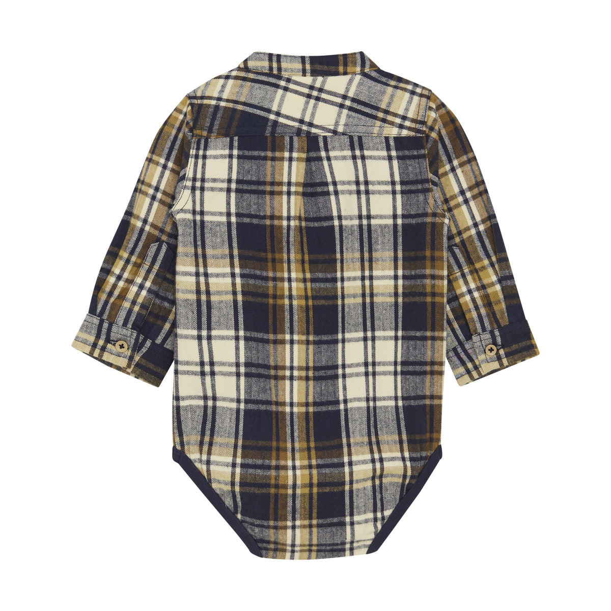 Der Minymo - Body von Minymo ist ein Baby-Strampler mit Knopfleiste und spitzem Kragen, der ein Karomuster in Marineblau, Weiß und Senfgelb aufweist. Er ist aus GOTS-zertifizierter Bio-Baumwolle gefertigt und verfügt außerdem über ein Rückenpassendetail und lange Ärmel mit geknöpften Manschetten.