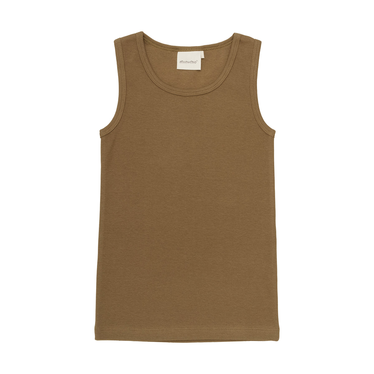 Die Minymo - Unterwäsche von Minymo ist ein braunes, ärmelloses Tanktop aus einer weichen Baumwollmischung, die schön flach liegt. Dieses Top hat einen runden Ausschnitt und ein schlichtes Design ohne sichtbare Muster oder Logos, sodass es vielseitig unter verschiedenen Outfits getragen werden kann.