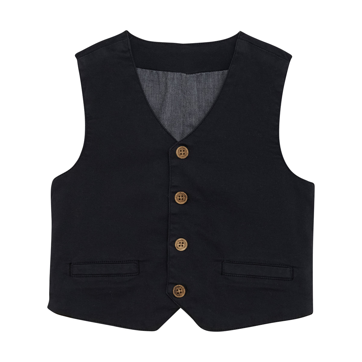 Eine schwarze formelle Minymo-Weste mit V-Ausschnitt und vier braunen Knöpfen auf der Vorderseite. Die Weste aus luxuriöser Baumwollmischung und nach OEKO-TEX® STANDARD 100 zertifiziert, hat zwei kleine Taschen auf beiden Seiten und ist tailliert geschnitten.