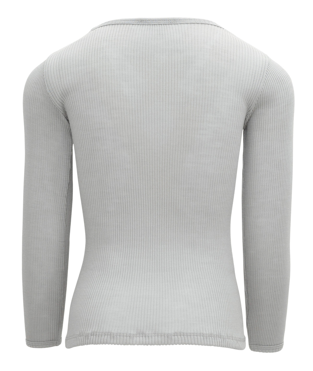 Ein hellgraues, langärmeliges, geripptes Langarmshirt von Minimalisma von hinten. Dieses Oberteil aus Merinowolle wirkt weich und dehnbar und weist durchgehend eine feine vertikale Rippstruktur auf. Es hat ein schlichtes Design mit rundem Ausschnitt und taillierter Silhouette, was es ideal als Wärmeschicht bei kühlerem Wetter macht.