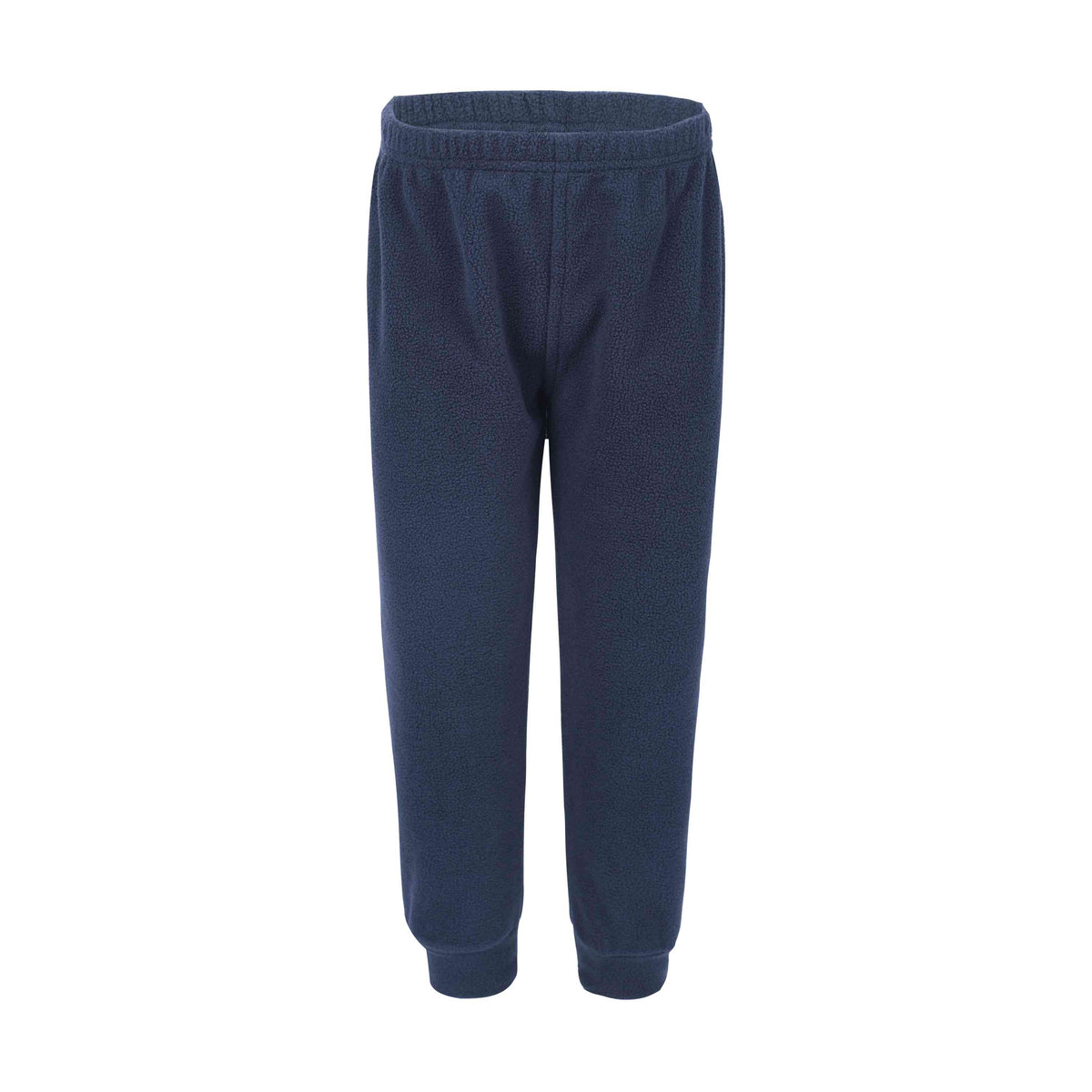 Die CeLaVi - Fleecehose ist eine blaue, weiche Fleecehose für Kinder aus recyceltem Material. Sie verfügt über einen elastischen Bund und Bündchen und ist vor einem weißen Hintergrund fotografiert, aufrecht stehend, um die Vorderansicht zu präsentieren.