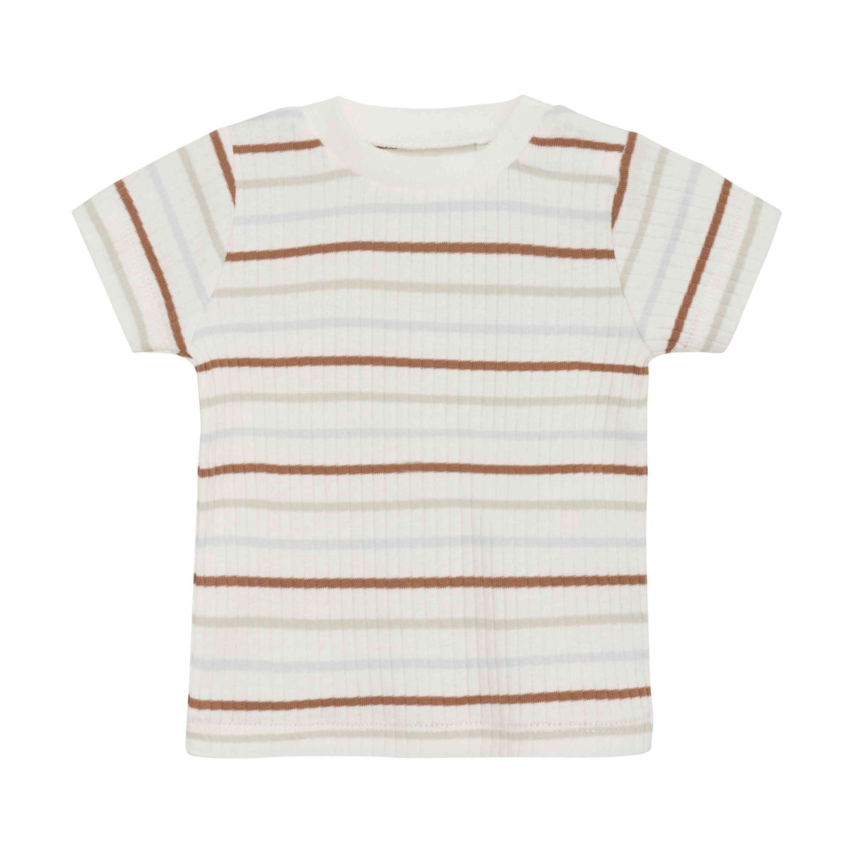 Abgebildet ist ein Fixoni - T-Shirt Rib, kurzärmliges Kleinkinder T-Shirt mit Rundhalsausschnitt. Der Stoff ist weiß mit Querstreifen in abwechselnd braun und hellblau, was ihm eine bezaubernde Optik verleiht. Die Struktur des Stoffes wirkt gerippt. Dieses stylische Teil von Fixoni finden Sie in unserem kinderartikelgeschäft in Brimensdorf, perfekt für Ihre Kleinen.