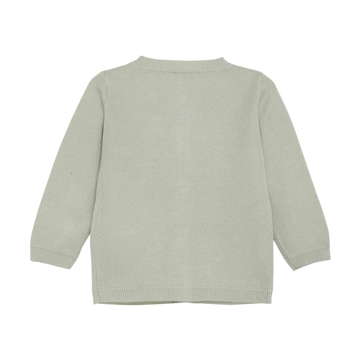 Eine langärmlige, hellgraue Strickjacke mit schlichtem Design. Dieser GOTS-zertifizierte Fixoni - Cardigan Knit verfügt über gerippte Bündchen, einen gerippten Saum und einen gerippten Ausschnitt. Die Rückseite der Strickjacke ist abgebildet und zeigt eine schlichte, schmucklose Oberfläche.