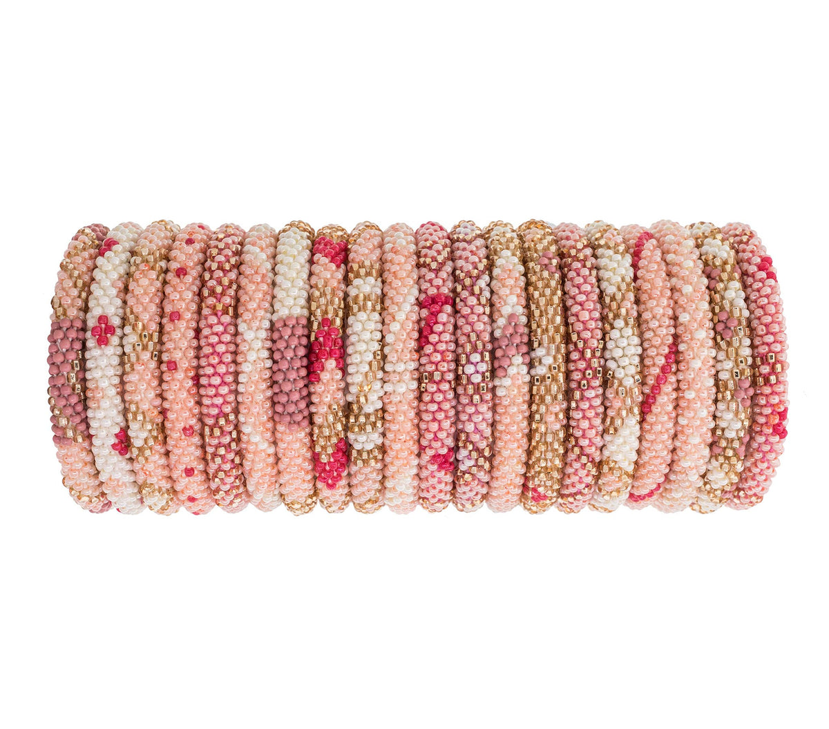 Eine Sammlung farbenfroher, kunstvoll mit Perlen verzierter Aid Through Trade - Armbänder Kinder ist übereinander gestapelt. Die Armbänder weisen Muster in Rosa-, Weiß-, Gold- und Rottönen auf und bilden eine optisch ansprechende Sammlung strukturierten und lebendigen Schmucks, der die Fair Trade Federation unterstützt.