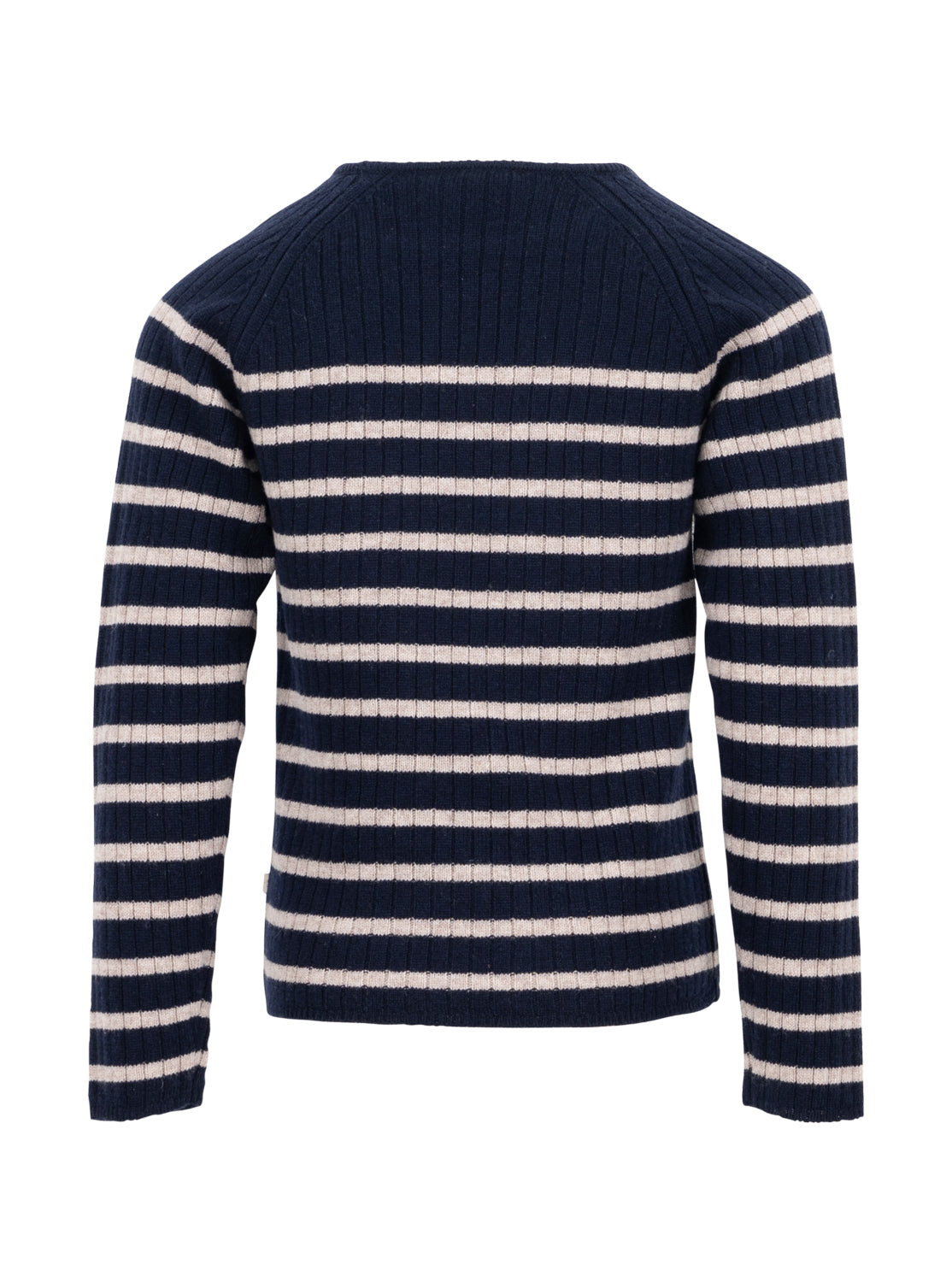 Das Langarm-Shirt (Kopie) von Minimalisma ist eine kuschelige Thermoschicht und hat marineblaue, horizontale Streifen. Dieser langärmelige Pullover ist aus Merinowolle mit Responsible Wool Standard gefertigt und hat eine gerippte Textur. Die Rückseite dieses Kleidungsstücks ist abgebildet.
