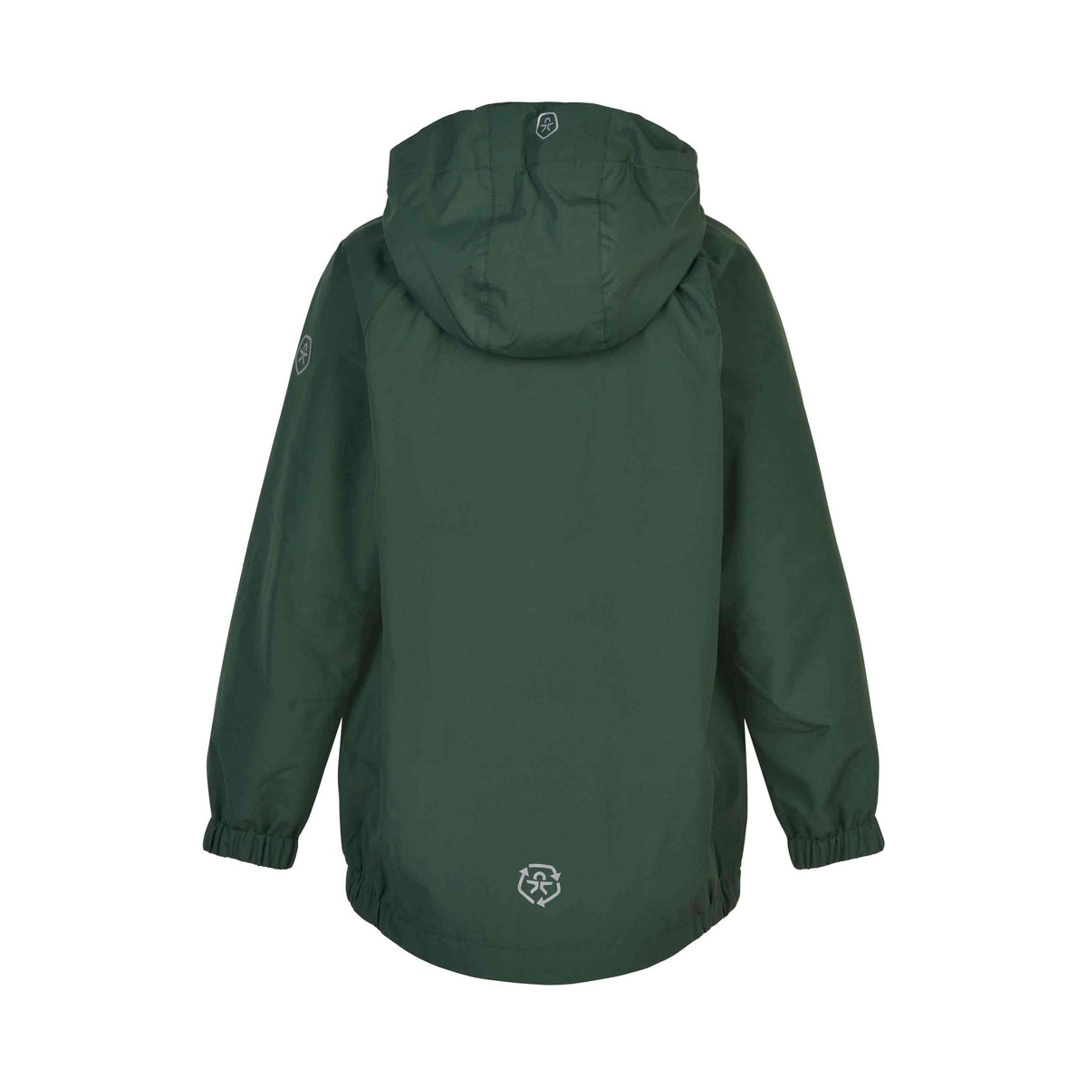 Eine dunkelgrüne Color Kids - Shell-Regenjacke mit Kapuze von Color Kids von hinten. Die Jacke hat elastische Bündchen an den Ärmeln, eine lockere Passform, ein dekoratives Emblem am unteren Saum und ein weiteres Emblem am rechten Ärmel.