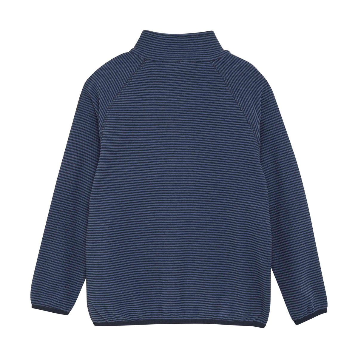 Auf weißem Untergrund breitet sich eine blaue, langärmlige, gestreifte Color Kids - Fleecejacke mit hohem Kragen aus. Die GOTS-zertifizierte Fleecejacke zeichnet sich durch dünne Querstreifen, leicht elastische Bündchen und eine lockere Passform aus. Abgebildet ist die Rückenansicht der Fleecejacke.