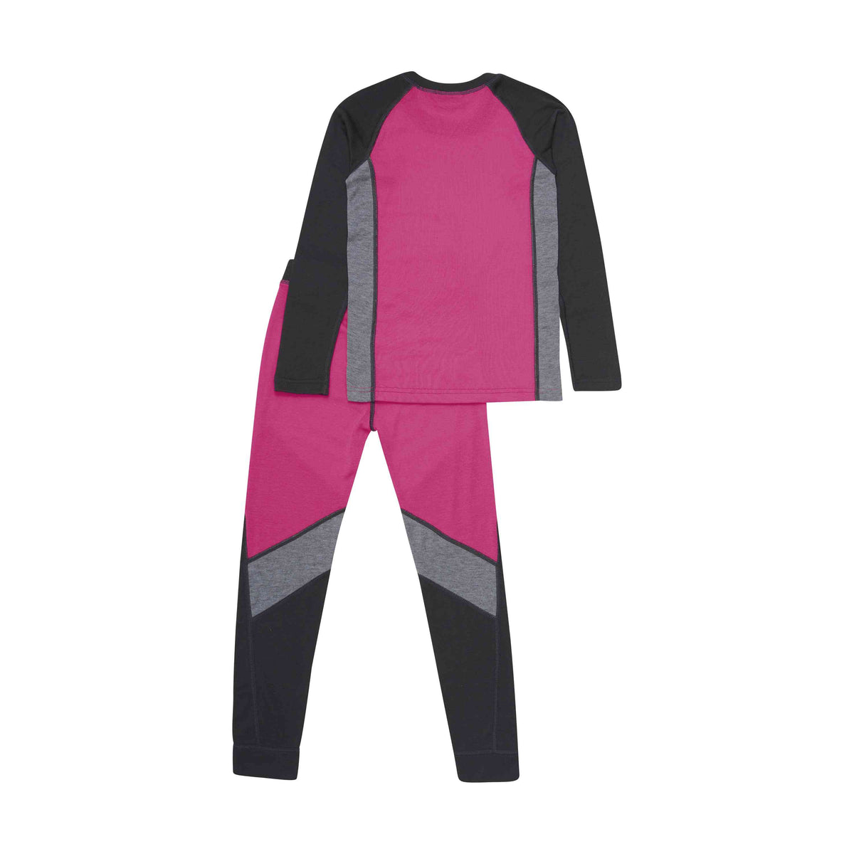 Ein langärmliges Pyjama-Set für Kinder von Color Kids, bestehend aus einem magentafarbenen Oberteil mit dunkelgrauen und schwarzen Ärmeln und einer passenden Hose mit magentafarbenen, dunkelgrauen und schwarzen Farbblöcken. Das Set liegt flach auf einem weissen Hintergrund. Die Beschreibung folgt einem klaren und reizvollen Designkonzept.