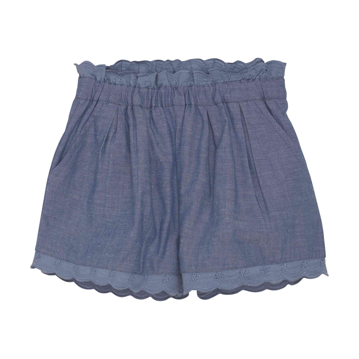 Chambray Baby Shorts – Blau mit Stickerei & Rüschenbund - nila kids