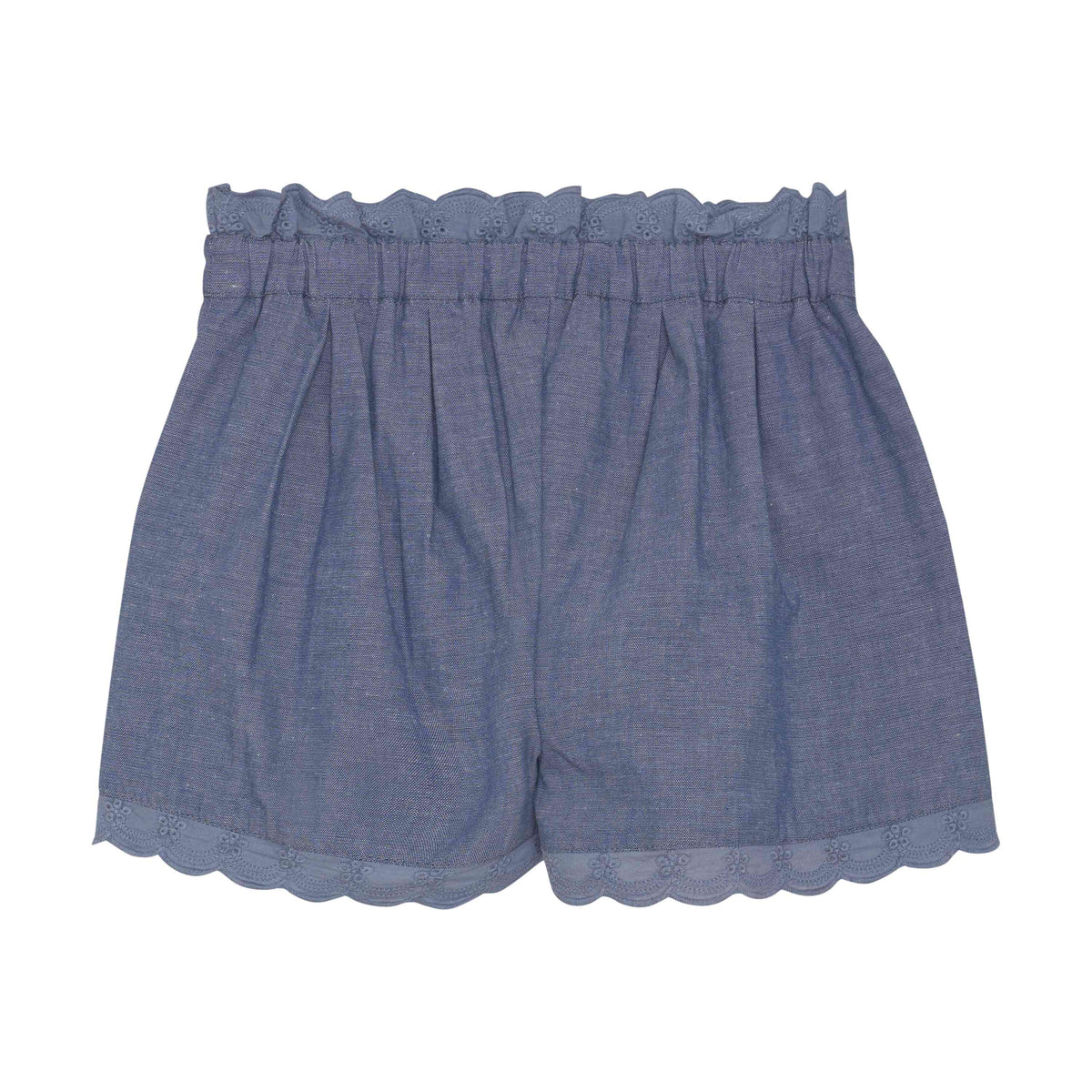 Chambray Baby Shorts – Blau mit Stickerei & Rüschenbund - nila kids