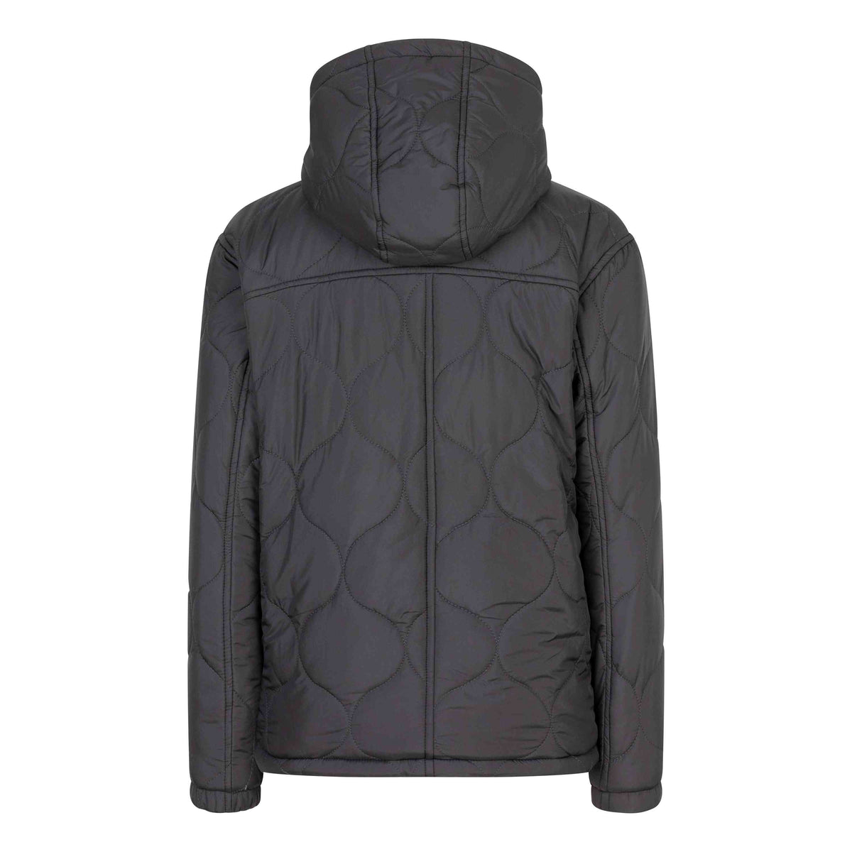 Das Produktbild zeigt die Indian Blue Jeans - Reversible Hooded Jacket von hinten. Diese schwarze Steppjacke hat lange Ärmel und eine Kapuze mit einem dezenten Kreismuster. Sie scheint aus einem leichten, möglicherweise wasserabweisenden Material gefertigt zu sein und besticht durch ein schlichtes, lässiges Design, das ideal für kühleres Wetter ist.