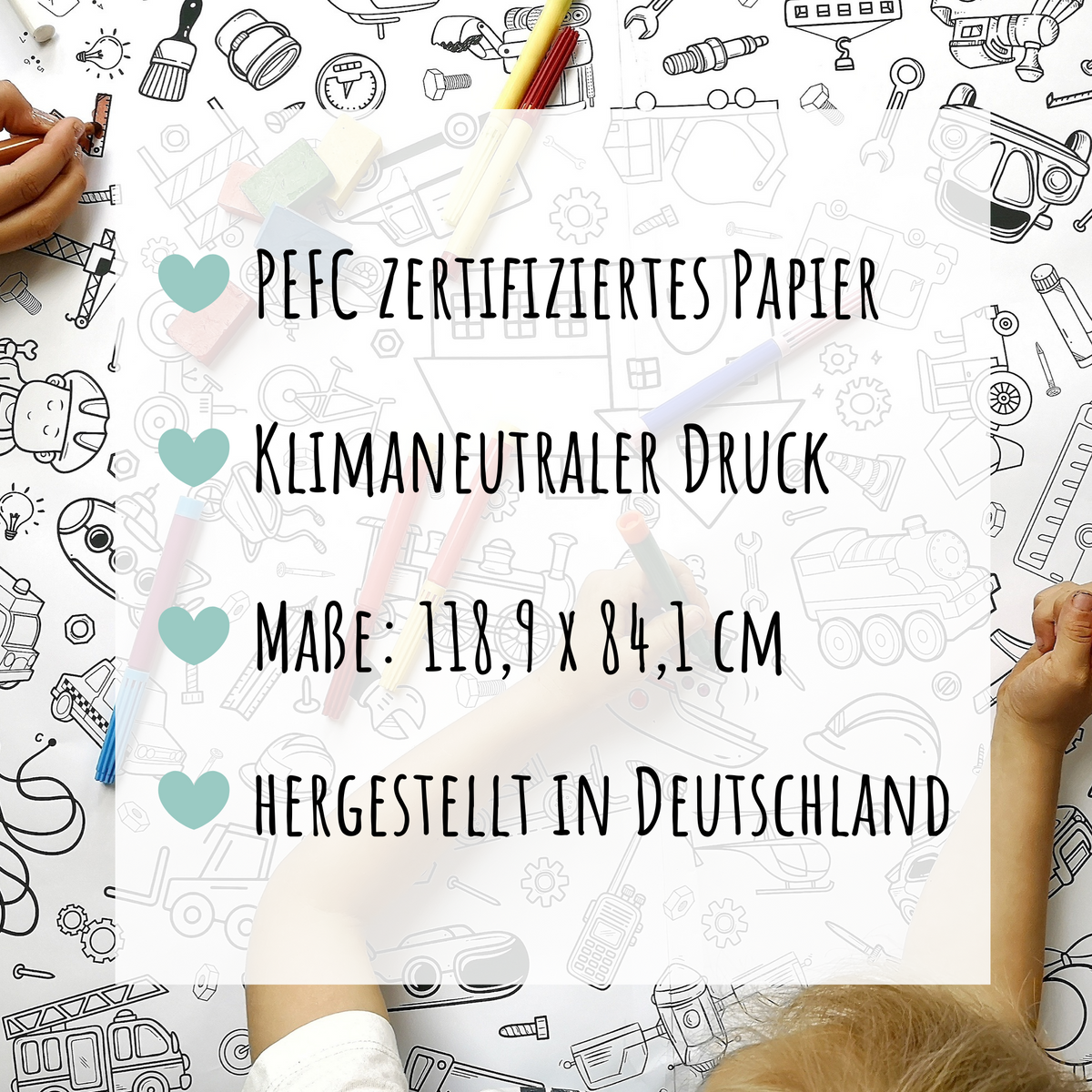 Zwei Kinder malen auf einem großen weißen Blatt Papier, das mit verschiedenen Schwarz-Weiß-Zeichnungen bedruckt ist. Der überlagerte Text in Deutsch lautet: „PEFC zertifiziertes Papier, Klimaneutraler Druck, Maße: 118,9 x 84,1 cm, hergestellt in Deutschland.“ Diese malmichbunte Ausmal-Tischdecke aus Papier mit dem Motiv Meerjungfrau ist ideal für leichtes Basteln mit Kindern!