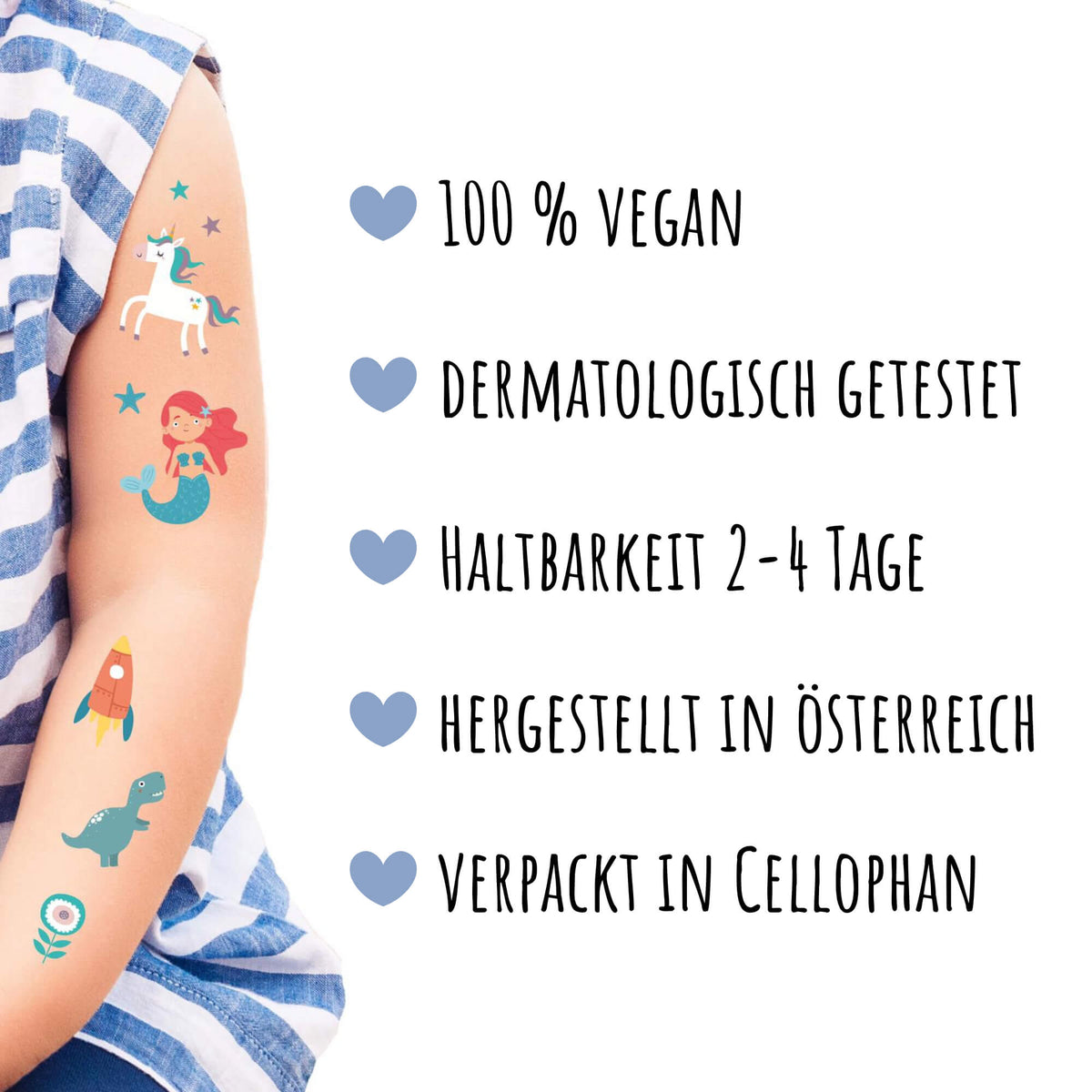 Ein Kinderarm mit verschiedenen bunten Malmichbunt-Kindertattoos: Entdecker, darunter ein Einhorn, eine Meerjungfrau, eine Rakete und ein Dinosaurier, vor weißem Hintergrund. Der Text in deutscher Sprache listet die Produkteigenschaften auf: „100 % vegan, dermatologisch getestet, hält 2–4 Tage, hergestellt in Österreich mit nachhaltigen Materialien“, in Zellophan verpackt.