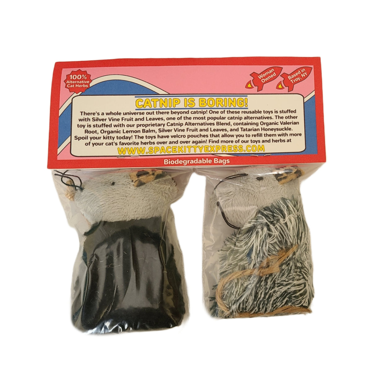 Mezcla alternativa Silvervine y Catnip - Paquete de 2 ratones recargables (¡sin hierba gatera!) de Space Kitty Express